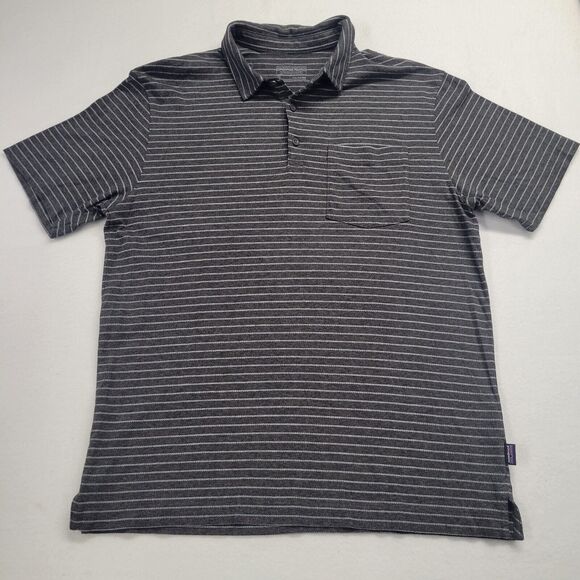 Patagonia Organic Cotton Pocket Polo Shirt Gray Striped Mens Medium M‎ Outdoor - Picture 1 of 9